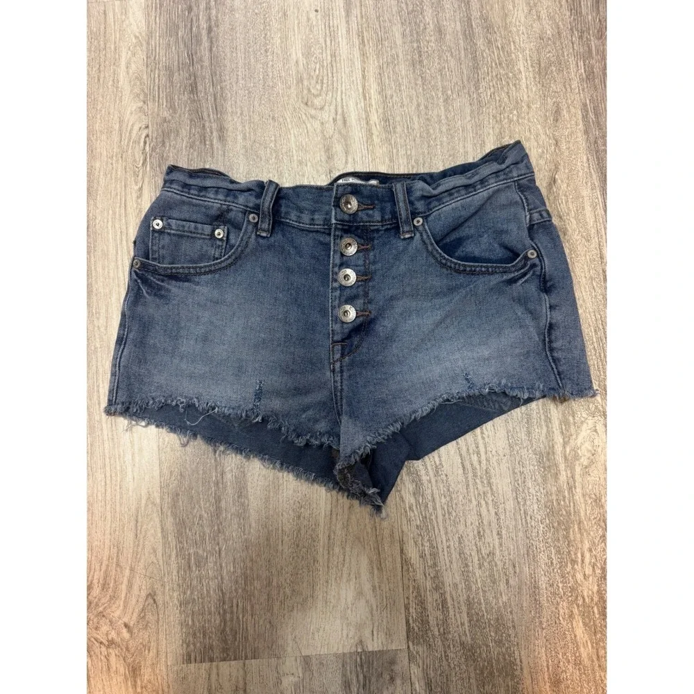 Free People Runaway Jillian Button Fly Cut‎ Off Denim Blue Jean Shorts Sz 26
